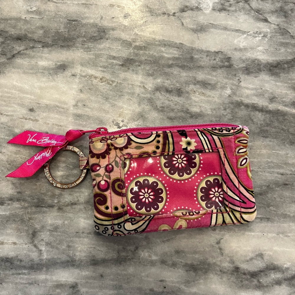 Vera Bradley ID Wallet Wristlet & Lanyard Paisley Meets Plaid Pink Coin Keychain
